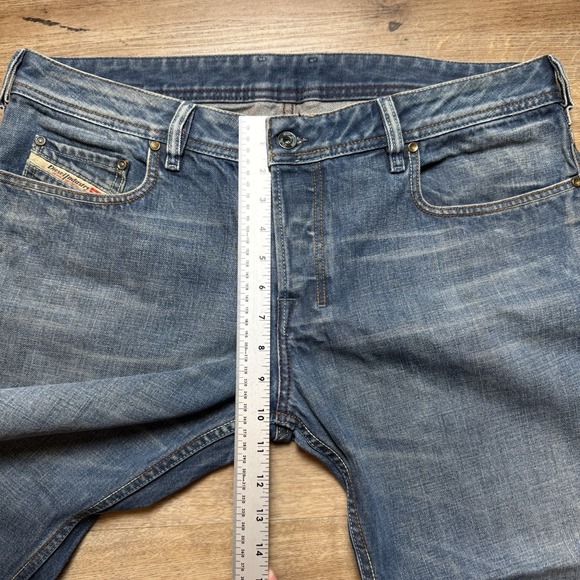 Diesel Jeans Men 36x32 Blue Zathan Bootcut Denim Italy Made Dirty Wash Hemmed 25 - Picture 9 of 12